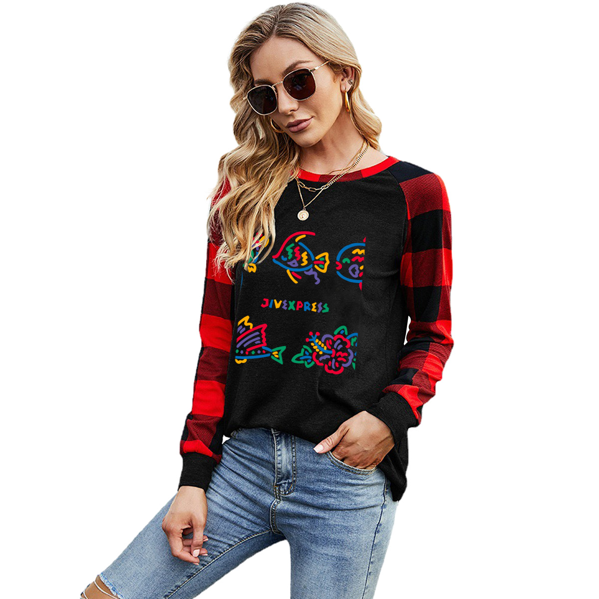 Long-Sleeve Crew Neck Plaid T-Shirt