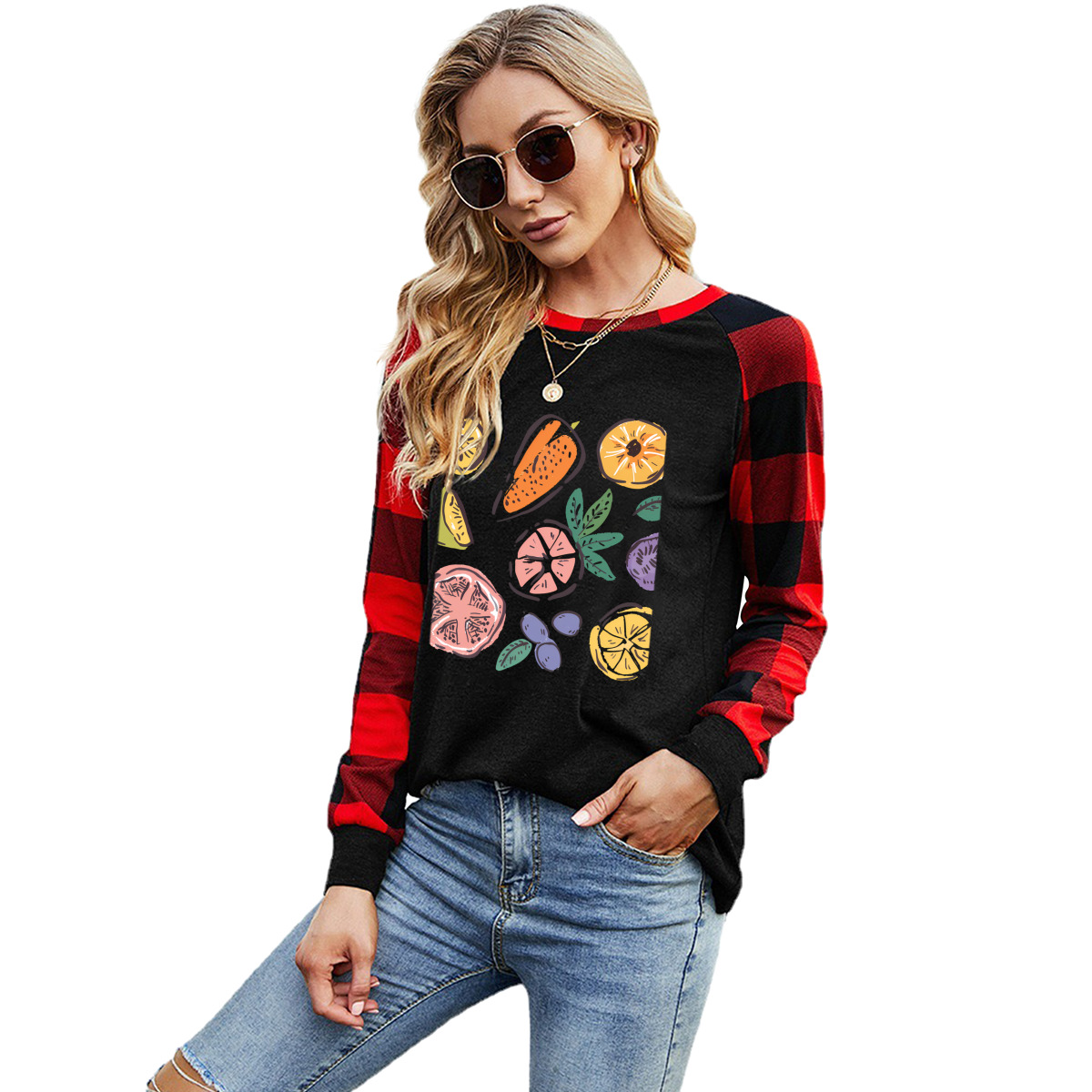 Long-Sleeve Crew Neck Plaid T-Shirt