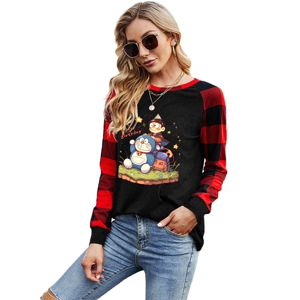 Long-Sleeve Crew Neck Plaid T-Shirt