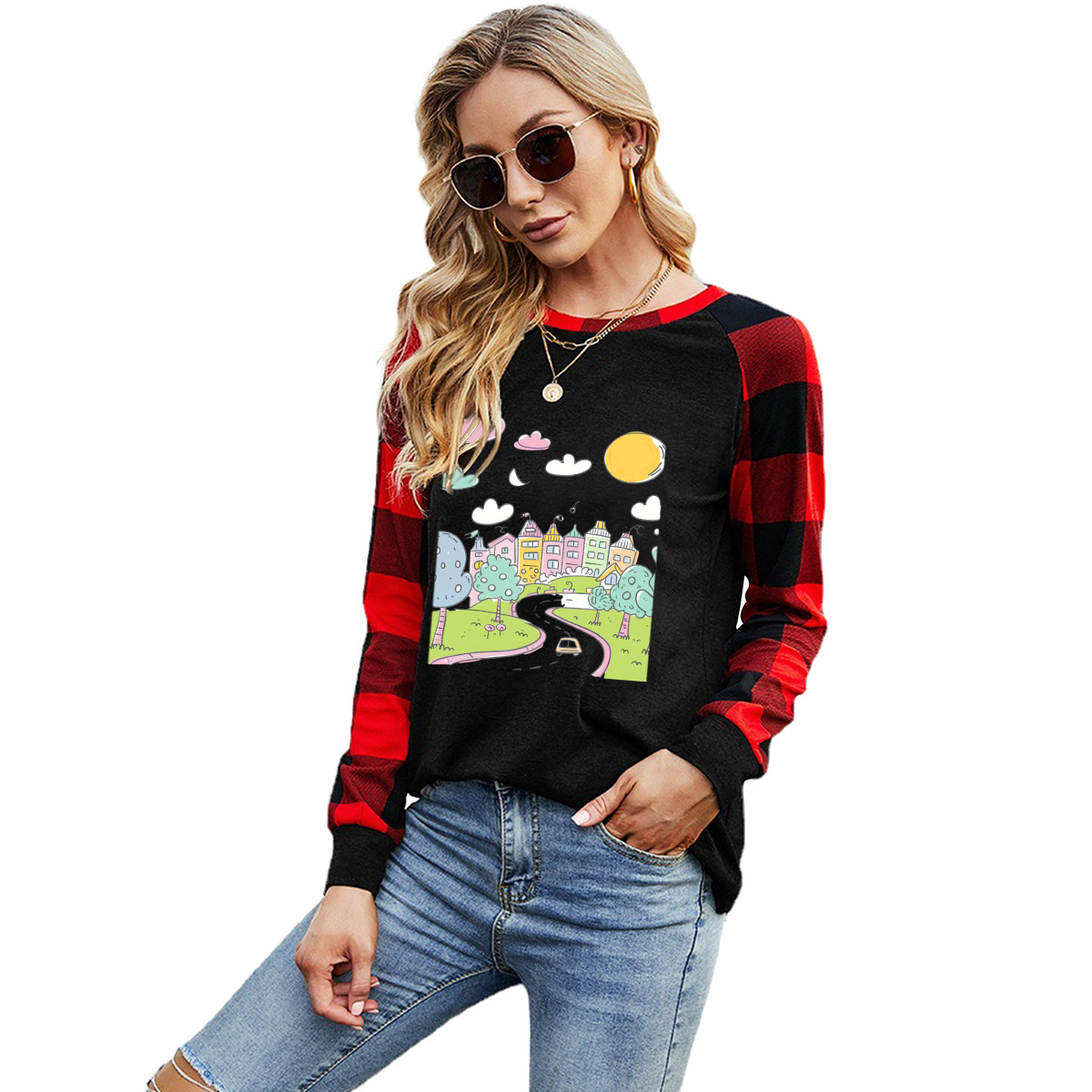 Long-Sleeve Crew Neck Plaid T-Shirt