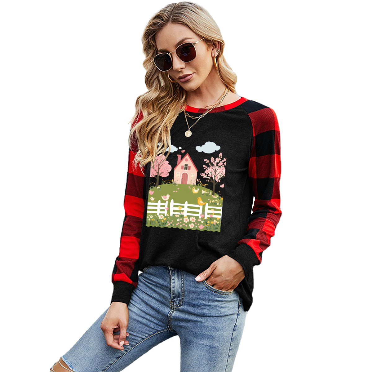 Long-Sleeve Crew Neck Plaid T-Shirt