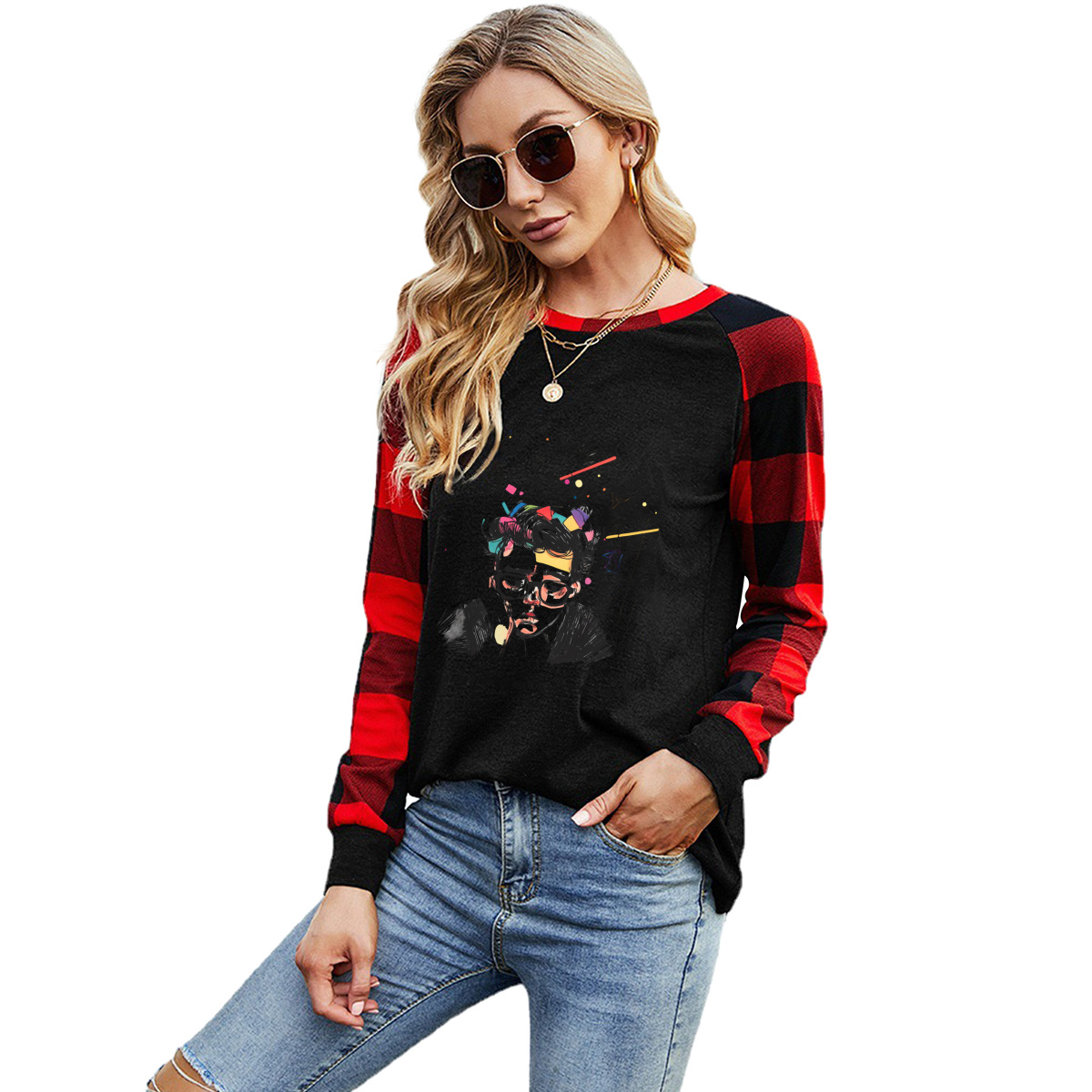 Long-Sleeve Crew Neck Plaid T-Shirt