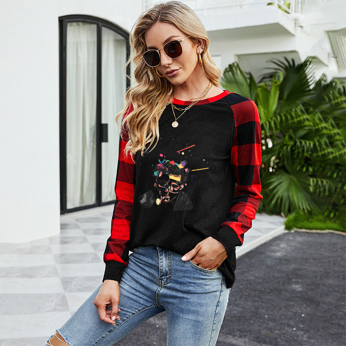Long-Sleeve Crew Neck Plaid T-Shirt