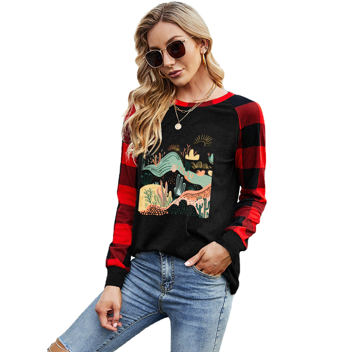Long-Sleeve Crew Neck Plaid T-Shirt