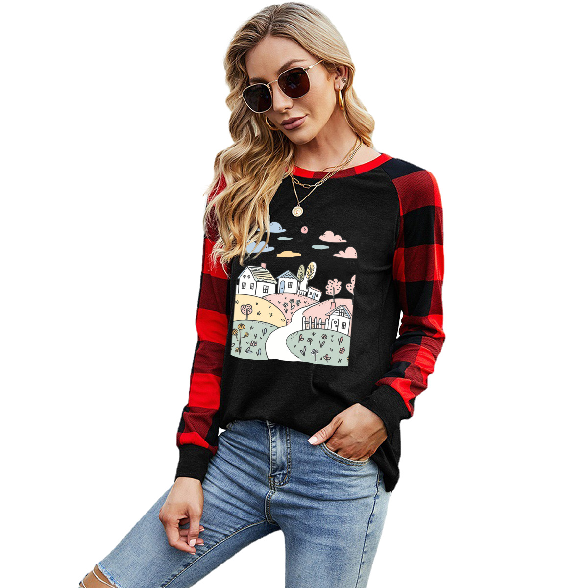 Long-Sleeve Crew Neck Plaid T-Shirt