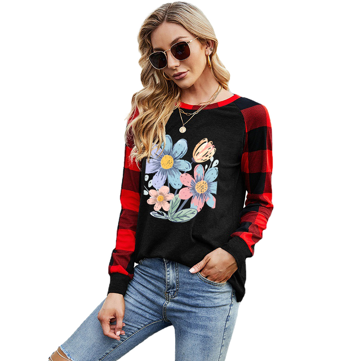 Long-Sleeve Crew Neck Plaid T-Shirt