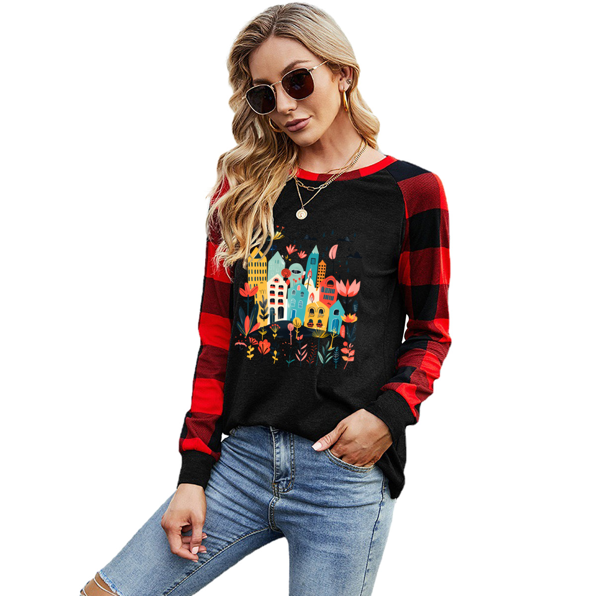 Long-Sleeve Crew Neck Plaid T-Shirt