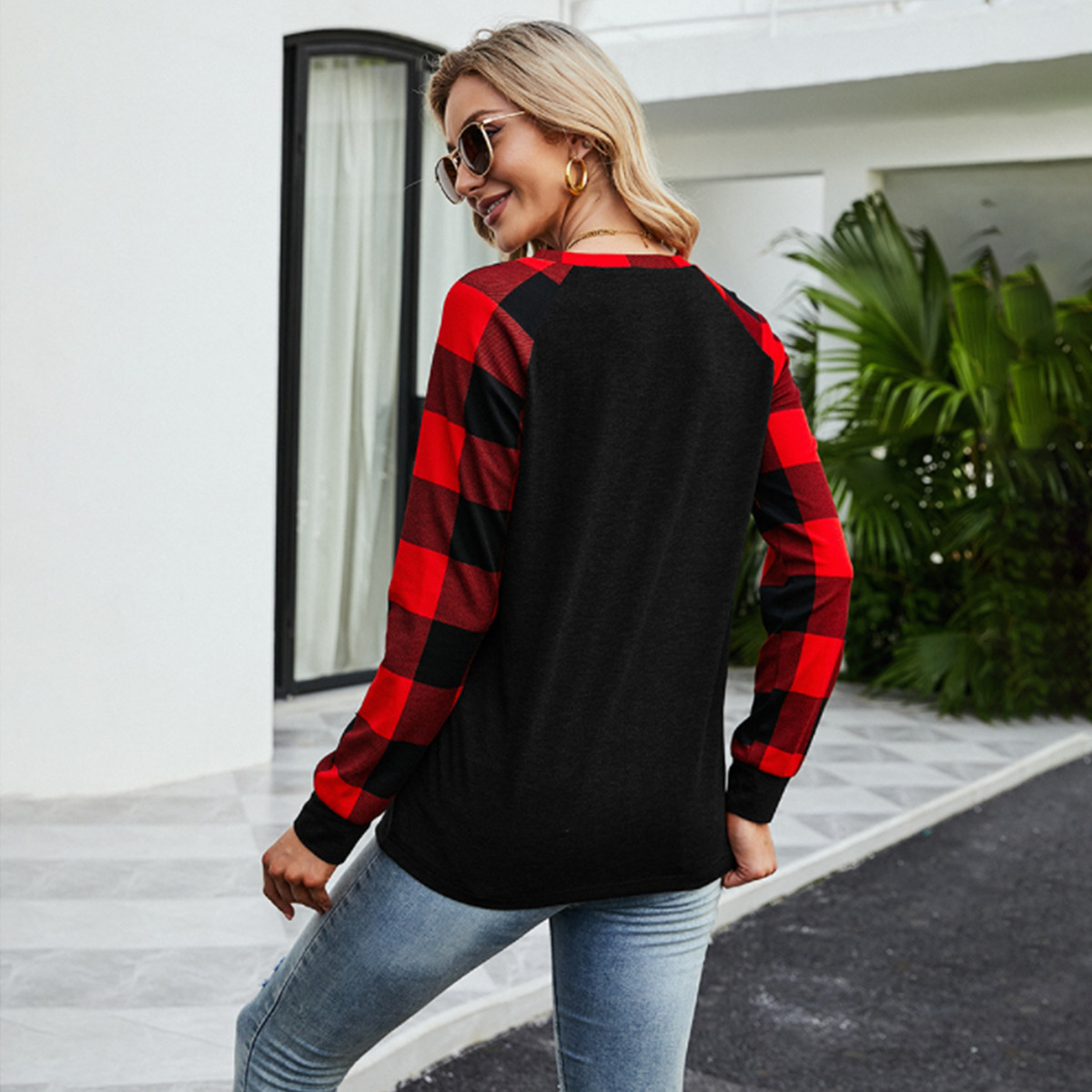 Long-Sleeve Crew Neck Plaid T-Shirt