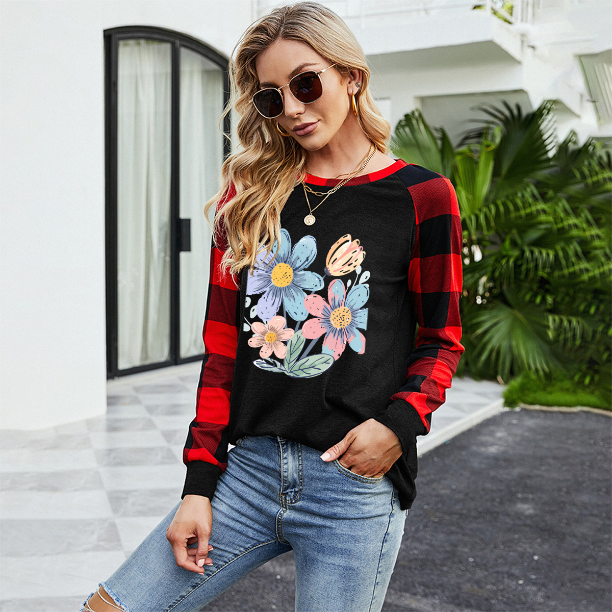 Long-Sleeve Crew Neck Plaid T-Shirt